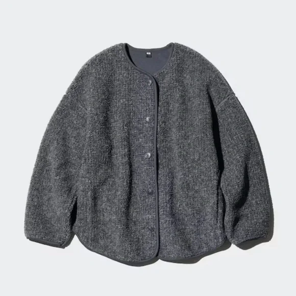 NWT- Uniqlo Pile Lined Fleece Relaxed Cardigan, Dark Gray, Size Large - Picture 2 of 4